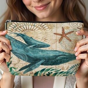 New Vibrant Artistic Blue Whale Graphic Make Up Carryall Canvas Zip Top Pouch